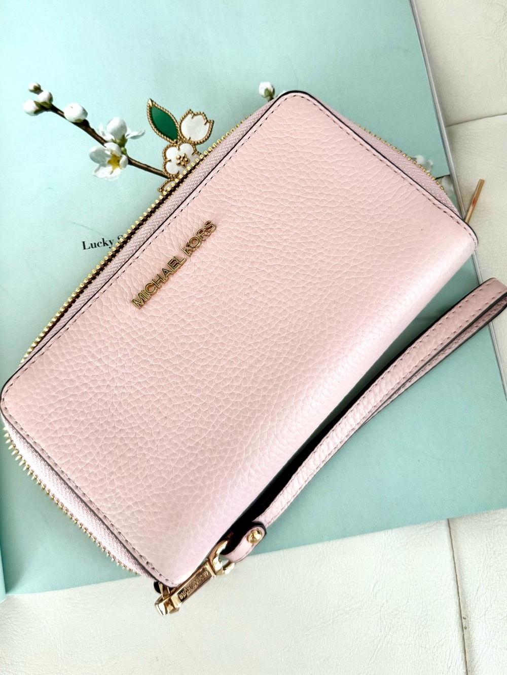 Michael Kors Light Pink Pebbled Leather Zip Wristlet Wallet with Gold Hardware